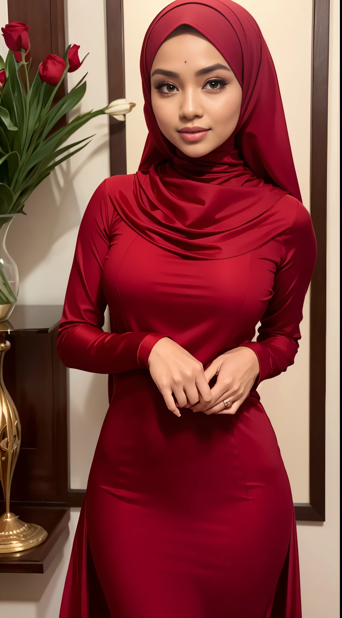 RAW, Best quality, high resolution, masterpiece: 1.3), beautiful Malay woman in hijab,Masterpiece, perfect slim fit body, Huge breast,big gorgeous eyes, Soft smile, woman in a red dress and a red scarf, maroon red, wearing red attire, wearing beautiful clothes, beautiful design, hijab, in crimson red, very beautiful enga style, beautiful masterpiece, fine details. red, wearing gorgeous clothing, dominating red color, crimson themed , (Delicate turtleneck) , necklace, shairband, afternoon walk, City garden, Excellent lighting, Bright colors, Clean lines