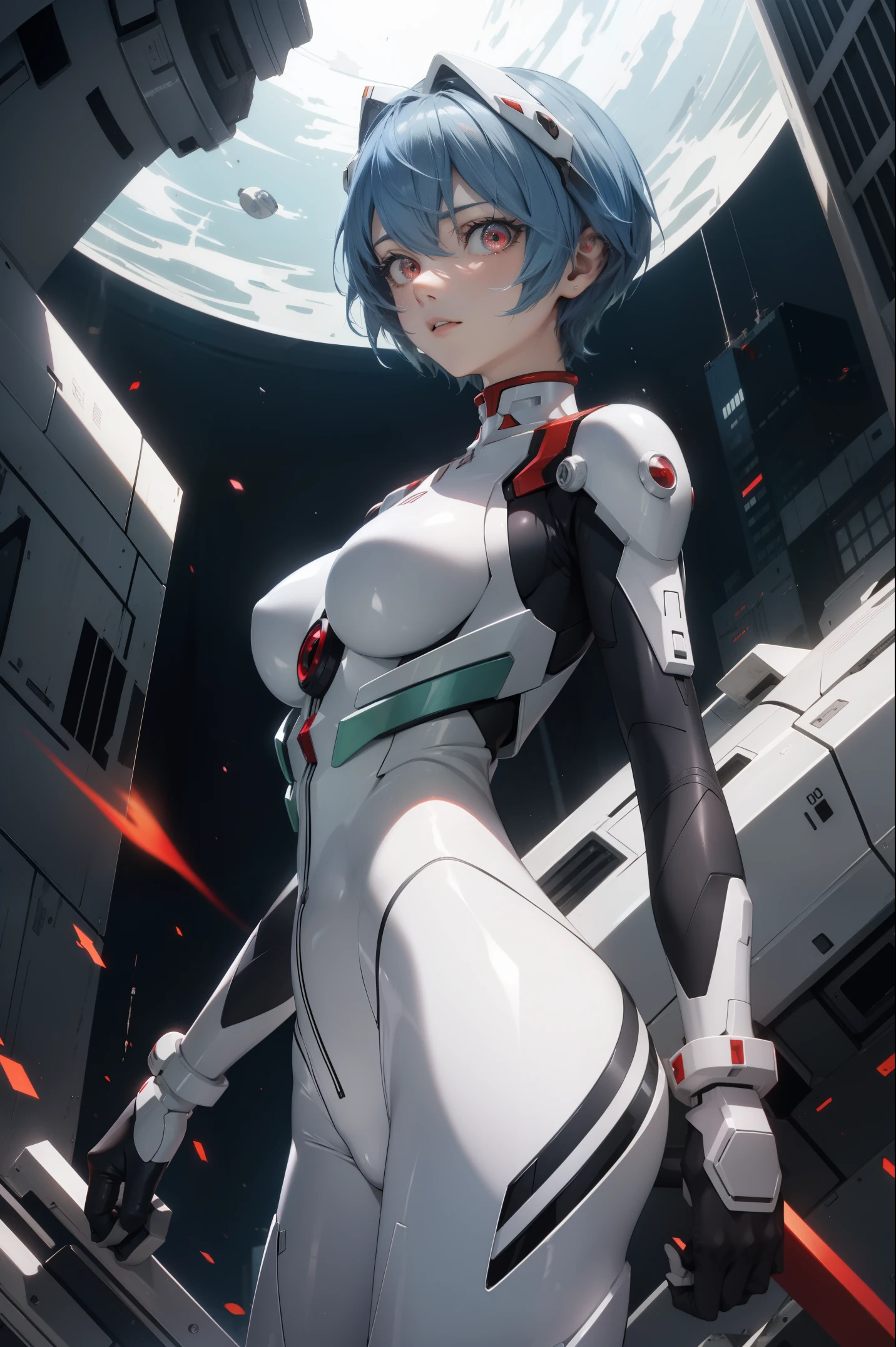 reiayanami, Rei Ayanami, Blue hair, Short hair, (Red Eyes:1.5),
Blake Bodysuit, Headgear, plugsuit, White bodysuit,
BREAK outdoors, city,
BREAK looking at viewer, 
BREAK (masutepiece:1.2), Best Quality, High resolution, Unity 8k壁纸, (Illustration:0.8), (Beautiful detailed eyes:1.6), extra detailed face, Perfect Lighting, extremely details CG, (Perfect hands, Perfect Anatomy),