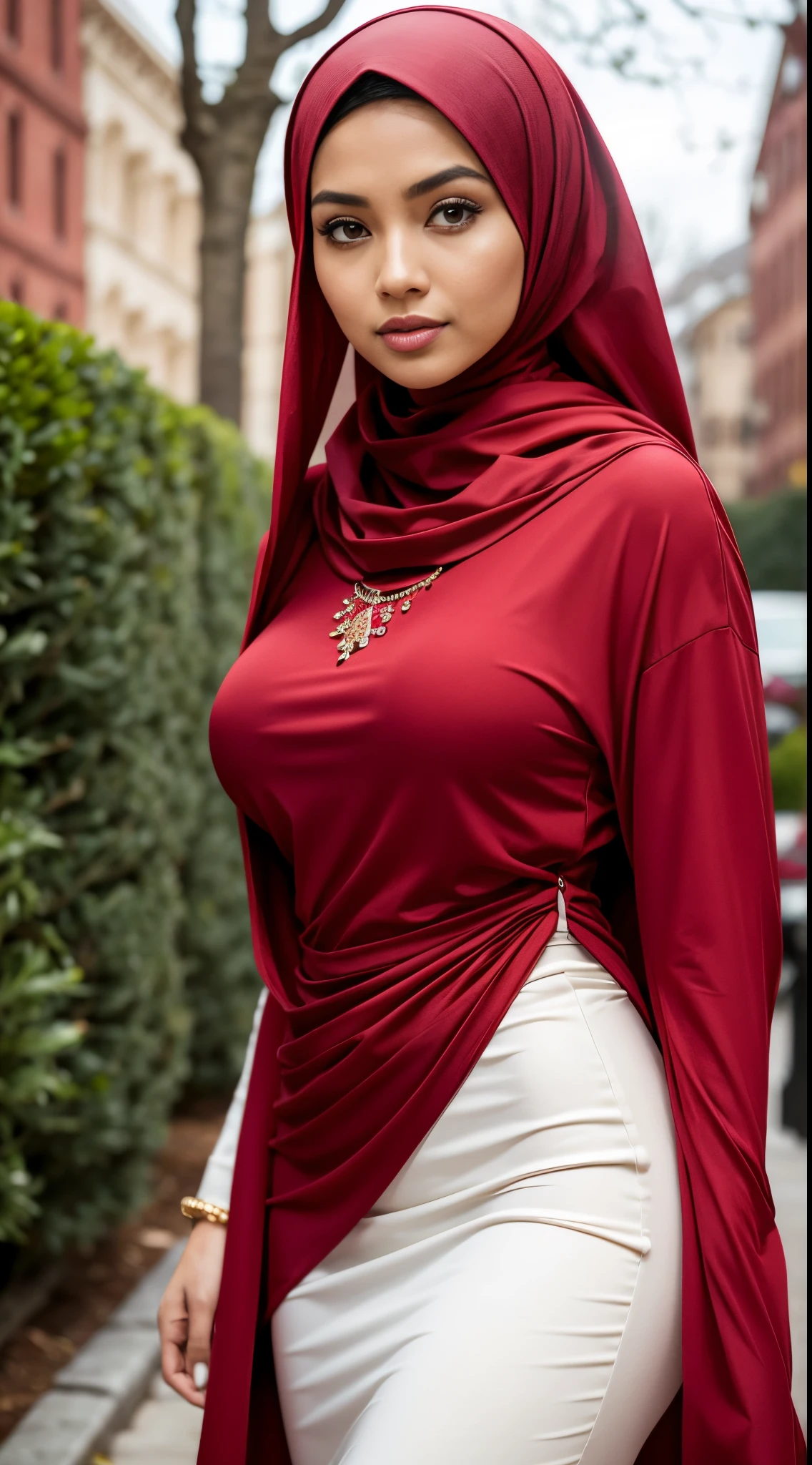 RAW, Best quality, high resolution, masterpiece: 1.3), beautiful Malay woman in hijab,Masterpiece, perfect slim fit body, Huge breast,big gorgeous eyes, Soft smile, woman in a red dress and a red scarf, maroon red, wearing red attire, wearing beautiful clothes, beautiful design, hijab, in crimson red, very beautiful enga style, beautiful masterpiece, fine details. red, wearing gorgeous clothing, dominating red color, crimson themed , (Delicate turtleneck) , necklace, shairband, afternoon walk, City garden, Excellent lighting, Bright colors, Clean lines