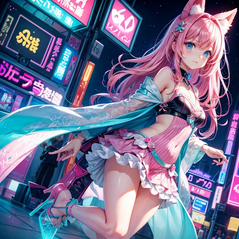 Pink hair、light blue eyes、kawaii girl、high-heels、Night city、Neon Lights、face is troubled。
