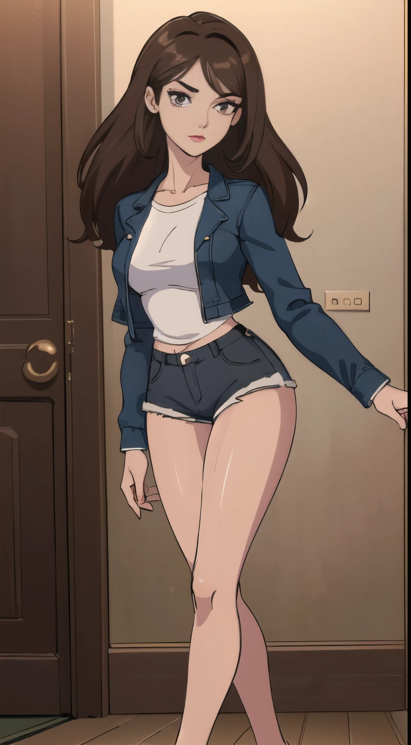 ((midnight, best quality, 8k, masterpiece :1.3)), full body, long legs, sharp focus :1.2, a beautiful woman with perfect figure :1.4, slim abs :1.1, ((dark brown hair, :1.2)), highly detailed face and skin texture, detailed eyes, double eyelids, white shirt, open waist, denim shorts, sexy, interior scene