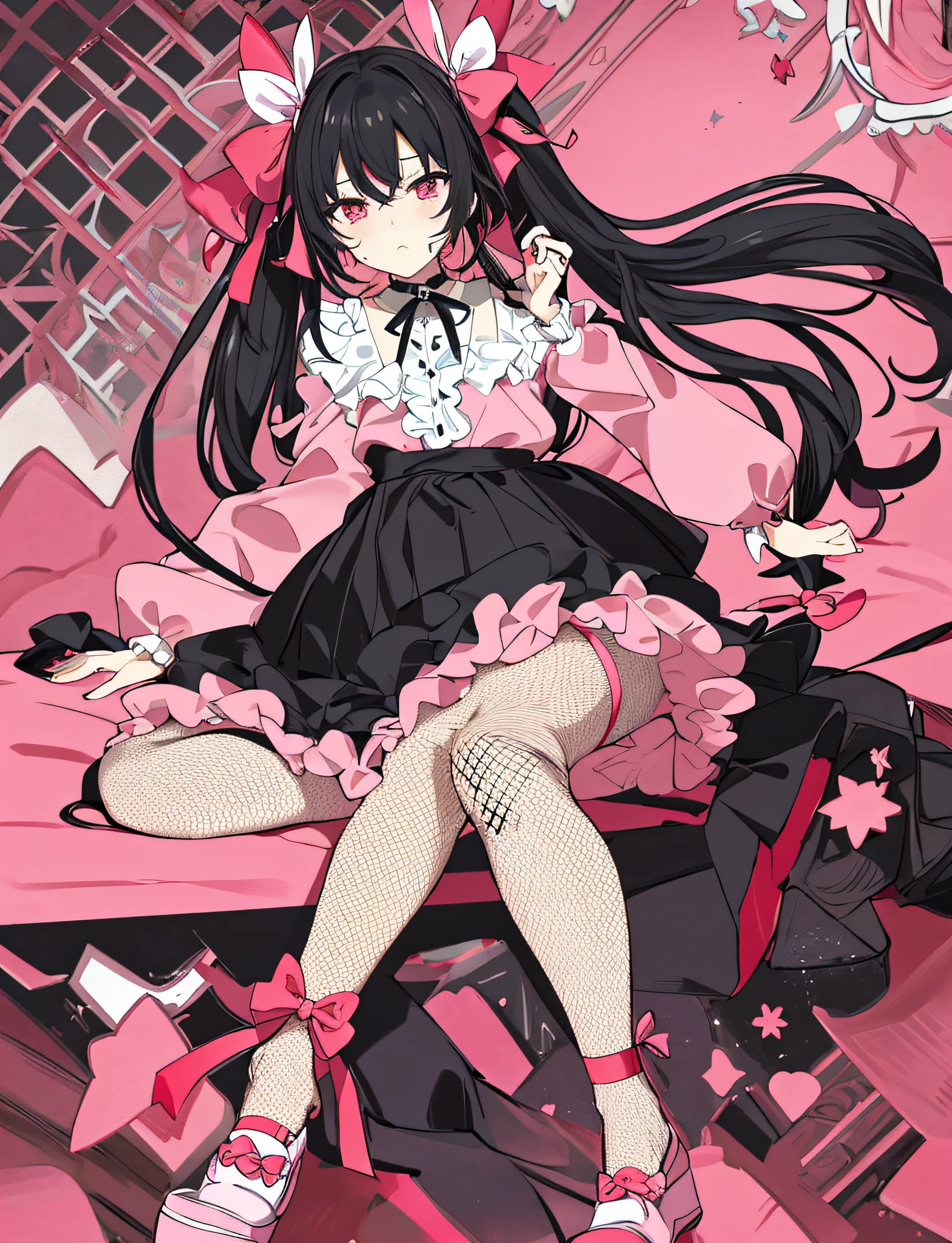 masterpiece, best quality, (jirai_kei),1girl, solo, long_hair, looking_at_viewer, shirt, black_hair, long_sleeves, bow, ribbon, twintails, sitting, monochrome, hair_bow, heart, pantyhose, frills, food, shoes, choker, blunt_bangs, black_skirt, pink_eyes, stuffed_toy, pink_background, stuffed_animal, frilled_skirt, pink_bow, (fishnets), candy, bandaid, pink_shirt, teddy_bear, lollipop, (fishnet_pantyhose), platform_footwear, pink_theme, pill, heart-shaped pupils,