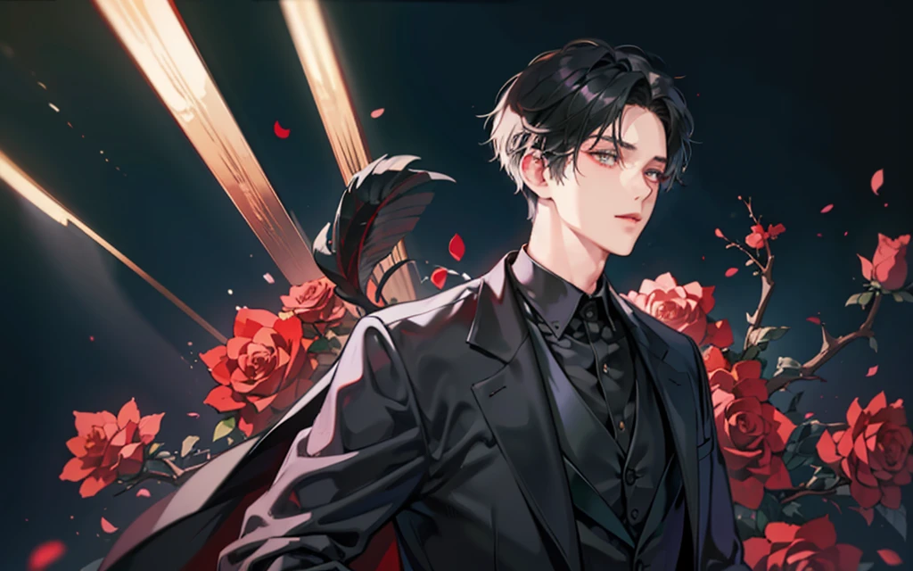 At the office, Very short hair, black color hair, Fair skin, Business suit, (A high resolution、ultra - detailed:1.1)、(1 male、、handsome、broad shoulder、Tall guy、ssmile、modern day、Fashionab、Minimalist style、Detailed eyes and detailed face)、(open body language,maintain eye contact:1.1), Wear a black trench coat,Red roses