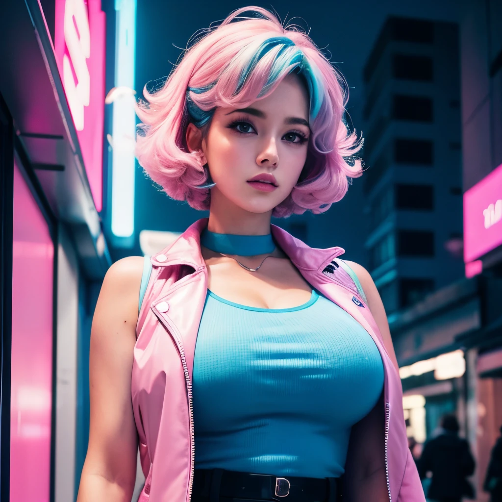 vaporwave, street, bouffant, sleeveless jacket, pink and blue lighting, big breasts