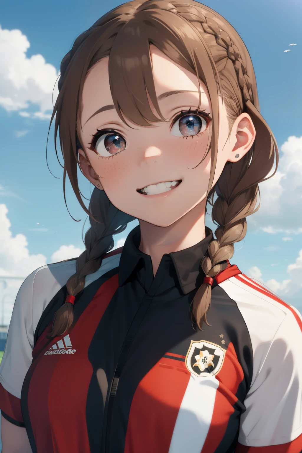 ((Pale brown hair)),((Braided shorthair)),((With black eyes)),Slight red tide,(Soccer Uniforms:1.5),outdoor soccer field,Happy smile,(red and white color uniform:1.05),(Clear blue sky:1.2),(Pleasant breeze:1.25),(Active movement:1.2),