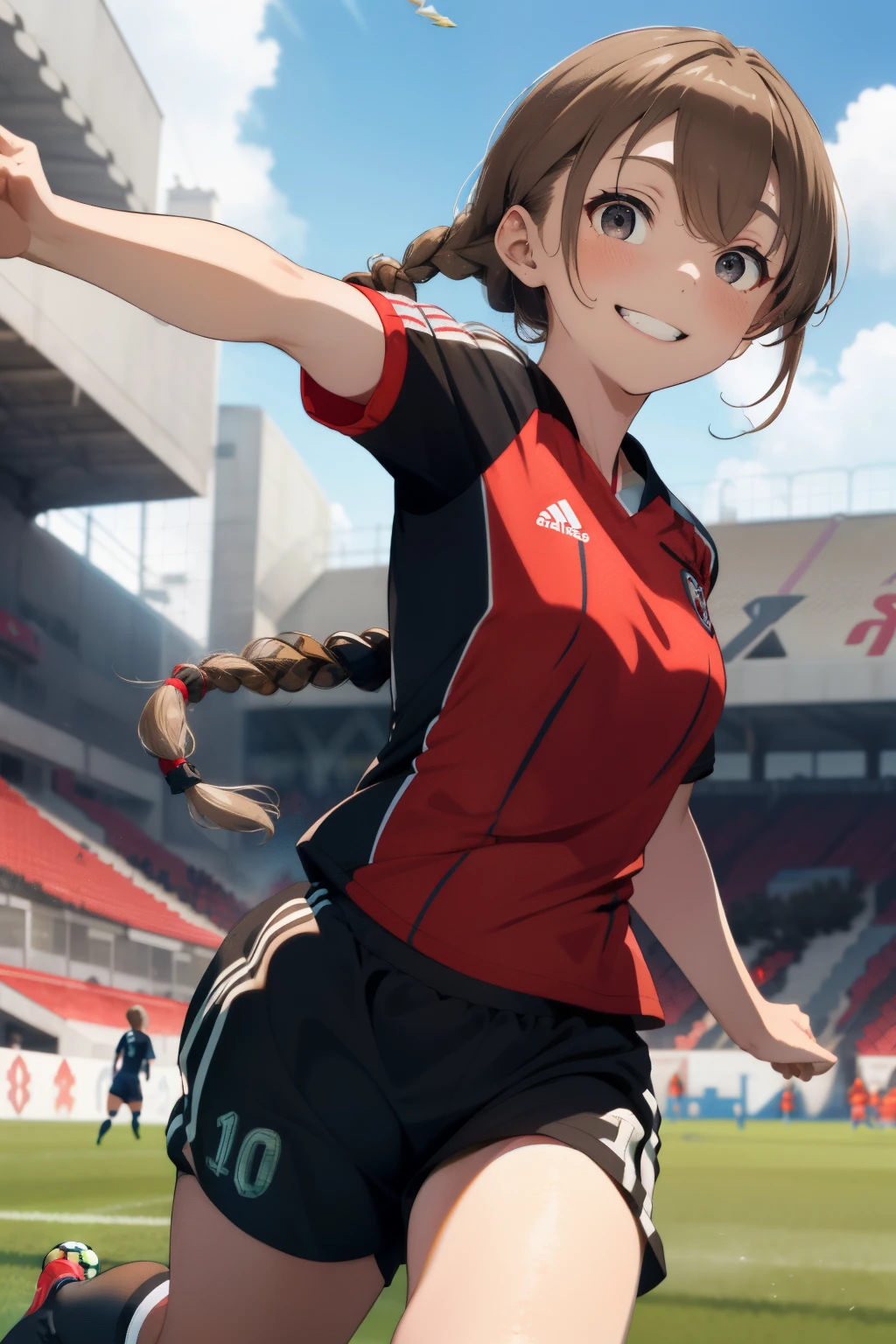 ((Pale brown hair)),((Braided shorthair)),((With black eyes)),Slight red tide,(Soccer Uniforms:1.5),outdoor soccer field,Happy smile,(red and white color uniform:1.05),(Clear blue sky:1.2),(Pleasant breeze:1.25),(Active movement:1.2),