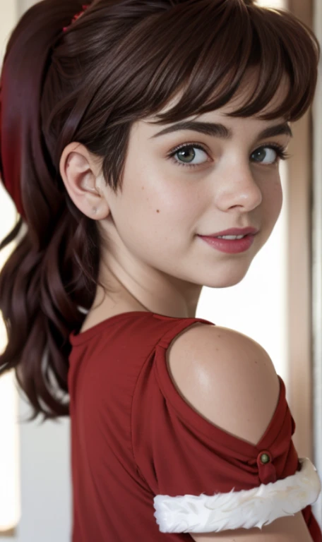 Photo of a -old amean girl, .RAW, beautiful teenage girl, (Long brown hair with ponytail), light brown hair ponytail hairstyle((retrato)), ((Cara detallada:1.2)), ((Detailed facial features)), (Piel finamente detallada) , (Masutepiece) (proporciones perfectaotos realistas)(La mejor calidad) (Detallado) fotografiado con una EOS R5 de Canon, Lente de 50 mm, f/2.8, NffSW, (8k) (papel tapiz) (cinematic lighting) (Dramatic lighting) (foco nítido) (Enrevesado) senos medianos , pechos medianos , muchas pecas en mejillas , pecas en pecho, cuerpo completo , hermoso cuerpo de muje adolesente, lindo maquillaje , gran sonrisa , mujer delgada escultural ,vestido de santa claus ,fondo variado , adornos de navidad
