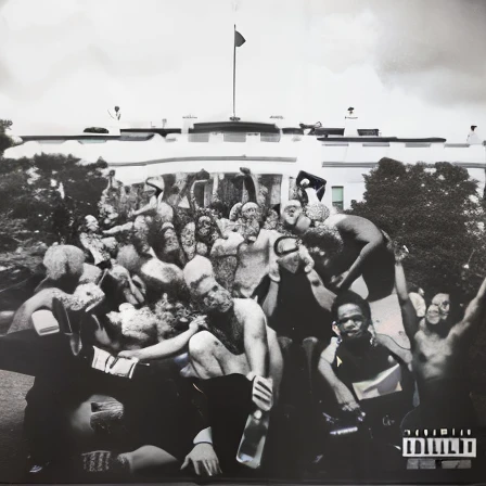 a black and white photo of a crowd of people in front of a white house, rap album cover art, kanye west album cover, greatest art ever made, parental advisory, rap album cover, alternate album cover, : kendrick lamar, an album cover, album cover!, hip hop album cover art, kendrick lamar, unknown, official artwork, , epic album art cover