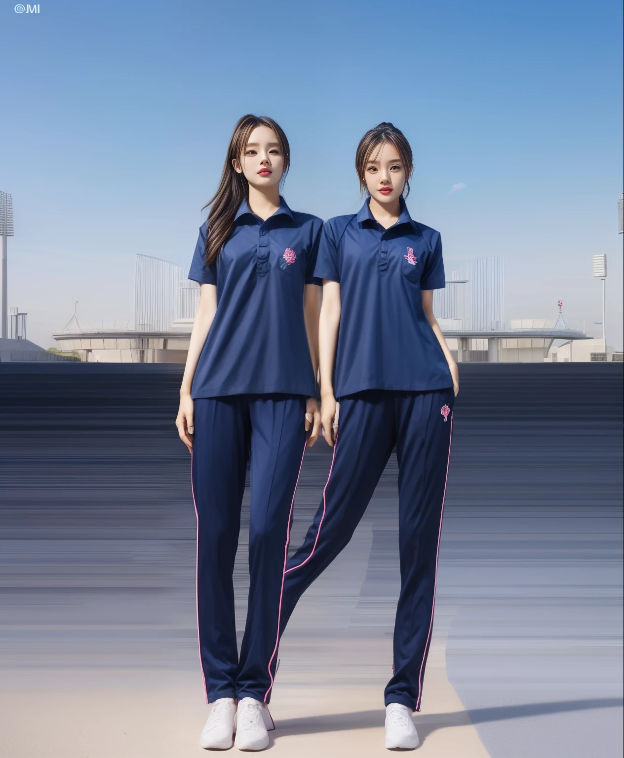 (bestquality,10,10,highres,masterpiece:1.2),ultra-detail,(Realistic,photorealistic portrait,photo-realistic:1.37),1 Cute girl in the football field,oily shiny skin,bara,light smile,BDclothelue shirt:1.3)),short sleeves,shirt, trousers.,(navy_long_Pants Track:1.1), ((Stadium Background:1.3)),dynamic angle,excited,face focus,Dynamic Poses,from behide,Ass Focus,masterpiece, bestquality, ultra realistic, hyper-detail, 8k resolution, RAW photo, crisp focus, ((Navy blue shirt:1.1)), short sleeves, Long Path, Perfect body, 2 mature women, 18yo, cinematic light,Blue sweatpants,Gymware,Correct anatomy,Complete body, Correct body, sharp face, Anatomically correct body, full entire body, Realistic gestures, long-haired, Realistic poses,Wear long shorts.................................,Long leg span,Shapely,Sculpting Girl, Slender Figure, mannequin mannequins, Shapely, Beautiful body,Blue sweatpants, Two girls kissing