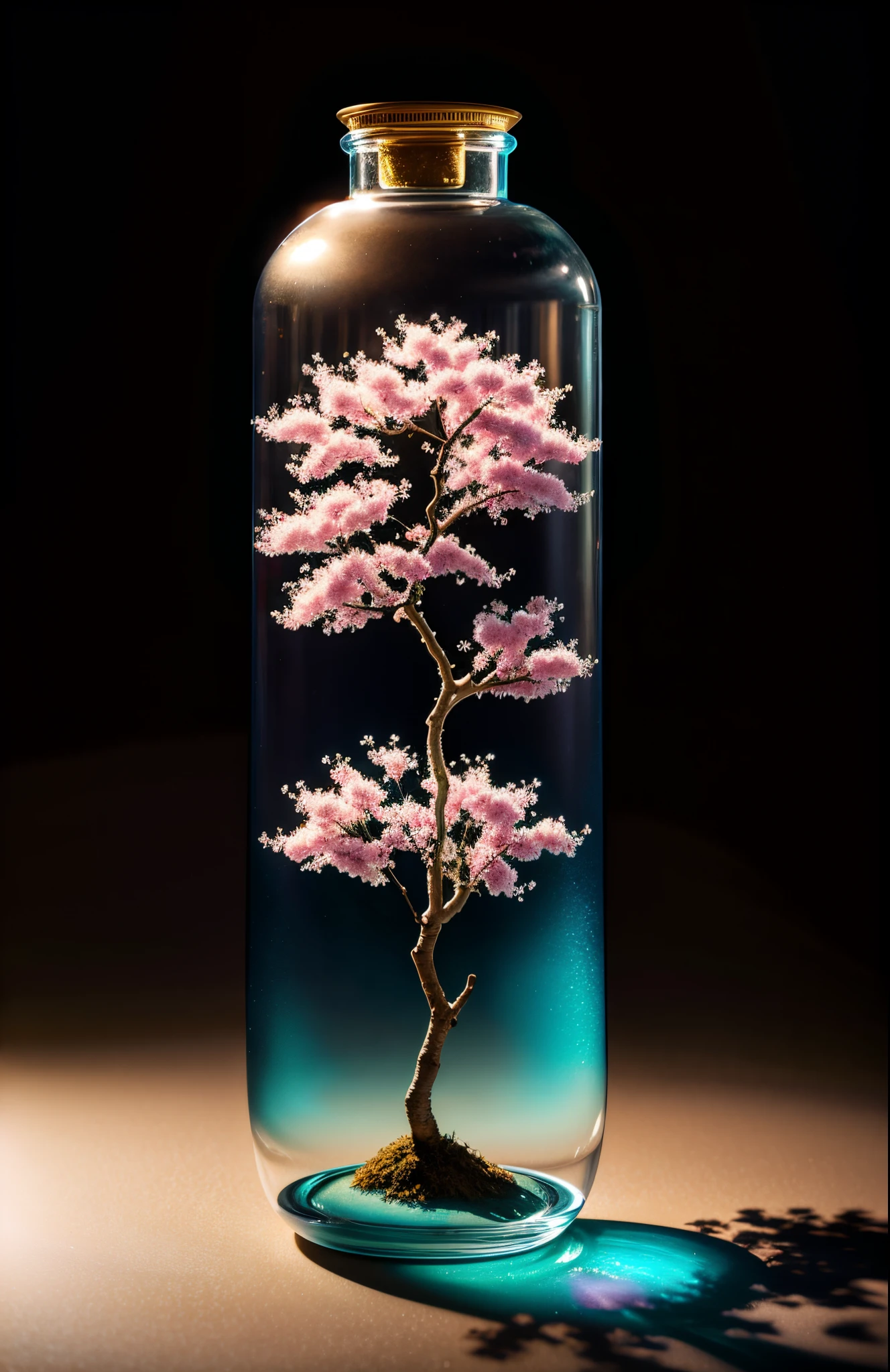 sakura tree in a bottle, fluffy, realistic, atmospheric light refraction, by lee jeffries nikon d850 film stock photograph 4 kodak portra 400 camera f1.6 lens rich colors hyper realistic lifelike texture dramatic lighting unreal engine trending on artstation cinestill 800, Style-Glass
