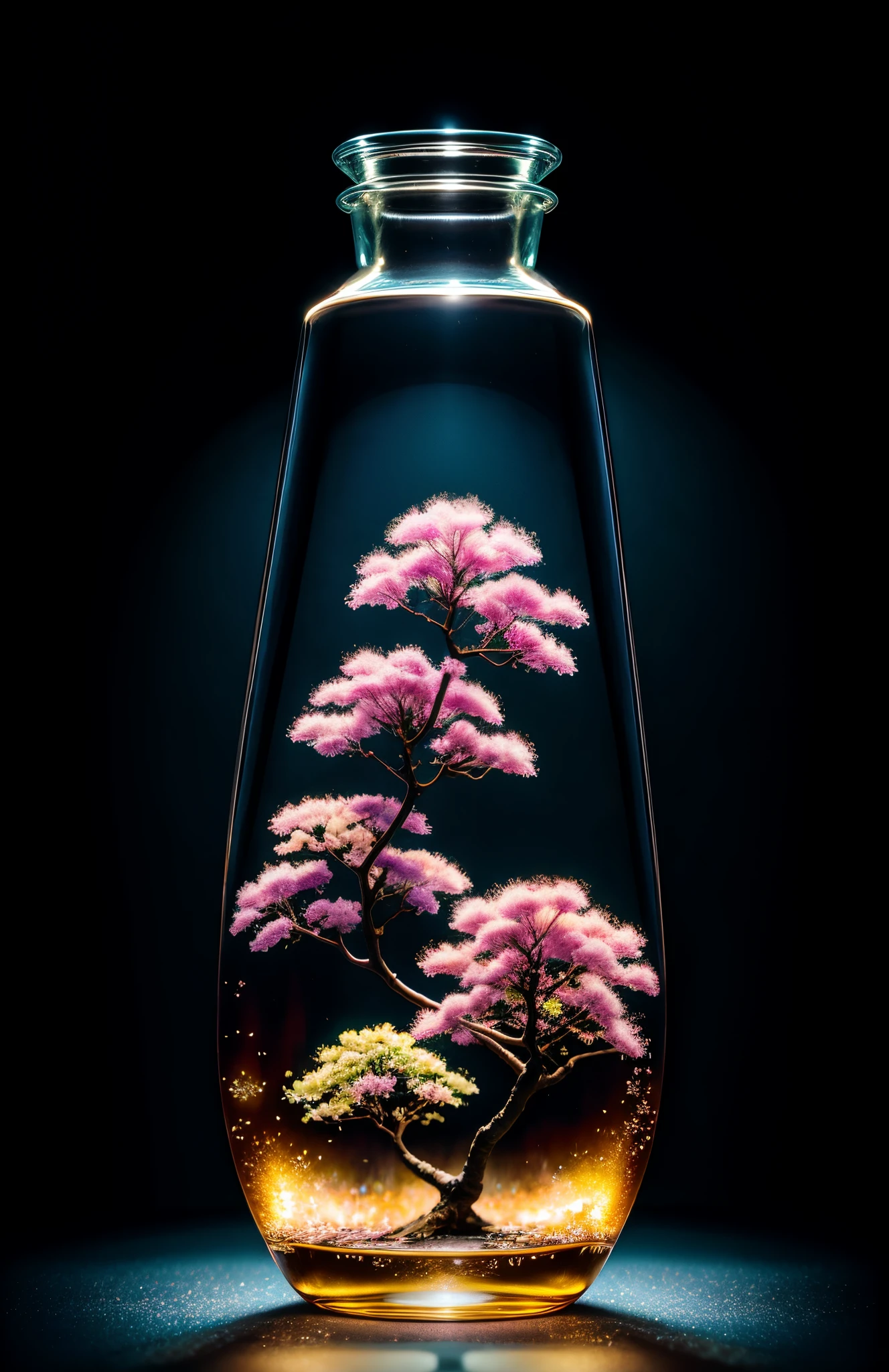 sakura tree in a bottle, fluffy, realistic, atmospheric light refraction, by lee jeffries nikon d850 film stock photograph 4 kodak portra 400 camera f1.6 lens rich colors hyper realistic lifelike texture dramatic lighting unreal engine trending on artstation cinestill 800, Style-Glass