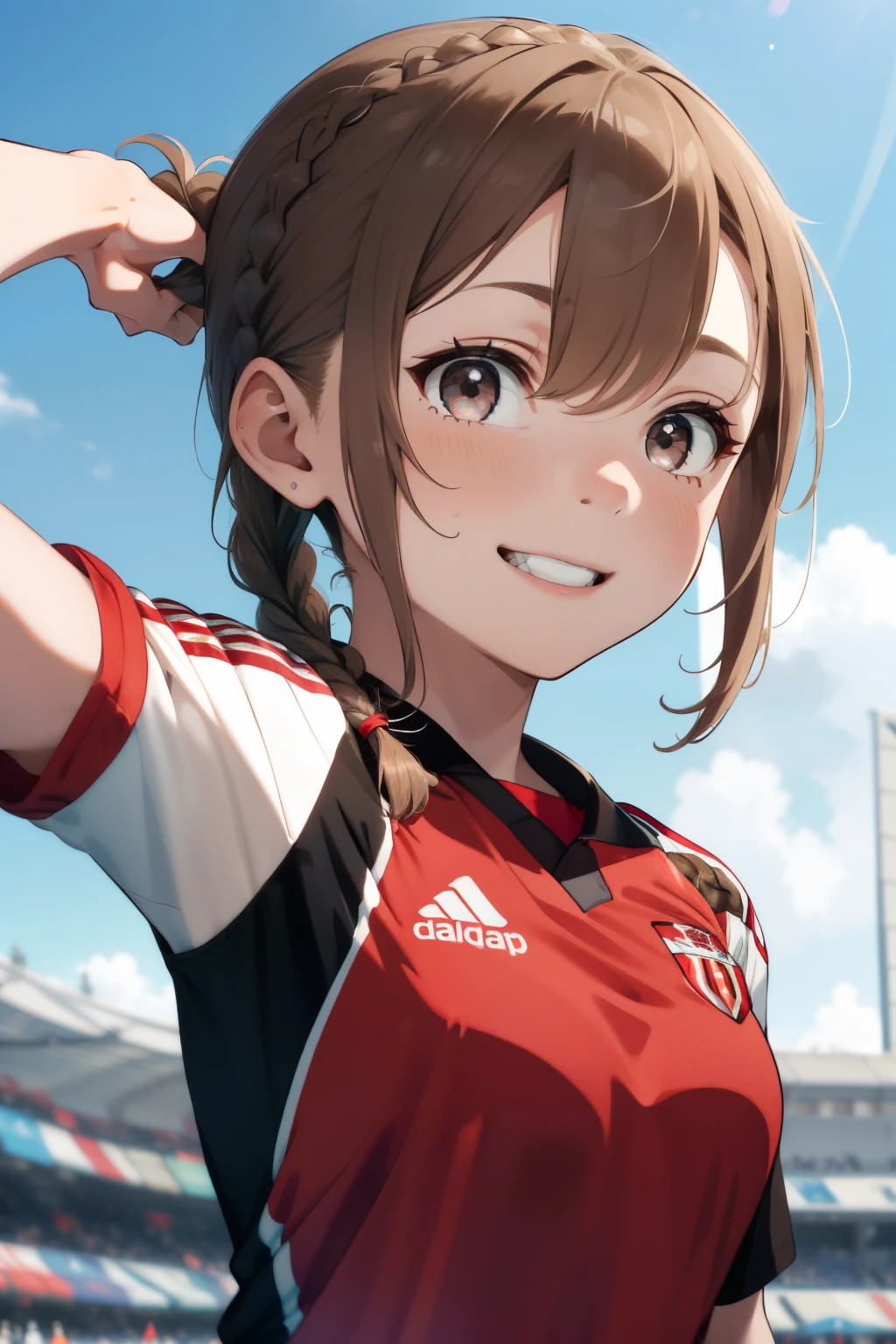 ((Pale brown hair)),((Braided shorthair)),((With black eyes)),Slight red tide,(Soccer Uniforms:1.5),outdoor soccer field,Happy smile,(red and white color uniform:1.05),(Clear blue sky:1.2),(Pleasant breeze:1.25),(active movement:1.2),