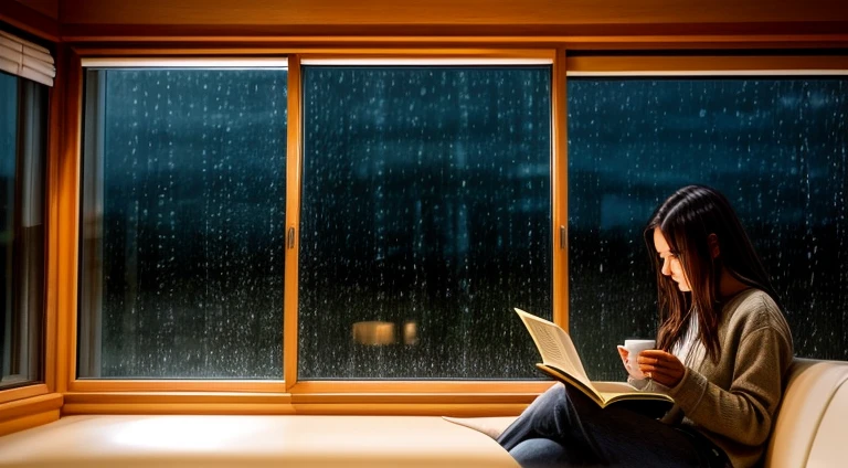 A cozy scene from a couch by the window on a rainy night, with a person sitting reading a book and holding a cup of hot coffee. The window glass is blurry and raindrops slam gently against the glass.