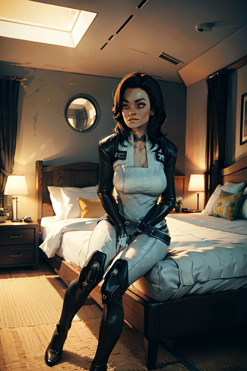 masterpiece, high detailed, best quality, highres:1.2, 1girl, solo, mature girl, Miranda Lawson, black hair, long hair, blue eyes, bodysuit, tight bodysuit, full body suit, choker, gloves, belt, boots, thigh high boots, large breasts, looking at viewer, indoors, spaceship interior, bedroom, sitting on bed, sexy pose, natural feminine hands, natural legs, crossed legs, full body shot