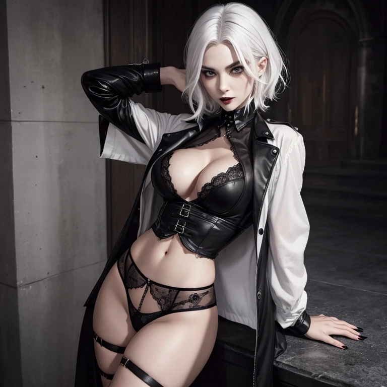 Goth Vampire hunter Girl. White hair, wolfcut. Black button up, Sexy, Posing explicitly. Bra showing underneath shirt. Finger on lip seductively. Panties showing goods, Short hair.