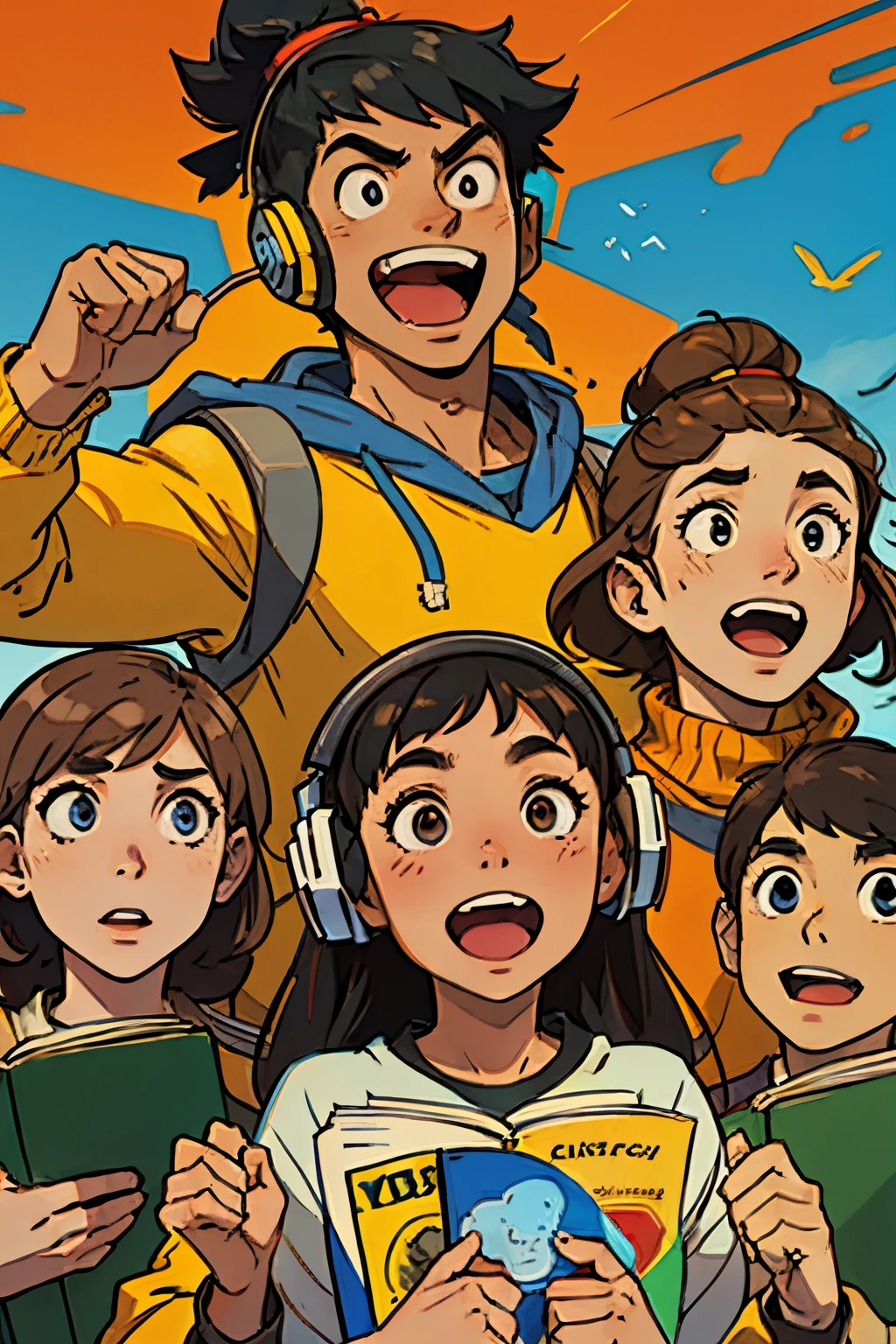 A group of people look up, some are wearing headphones, some are holding textbooks in their hands, yelling, celebrating with smiles on their faces, cartoon style