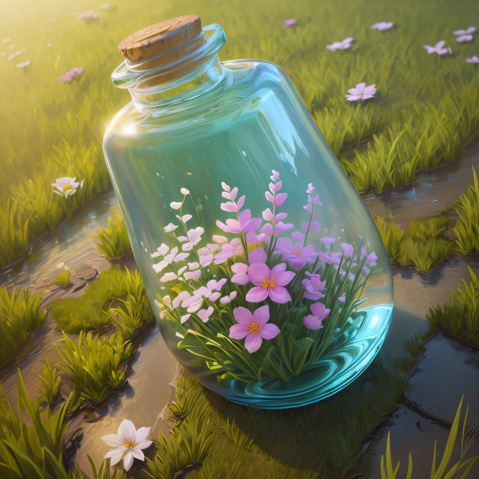 There is a bottle of water on the grass,There are flowers blooming in the bottle, digital painting very detailed,very detailed photo,Detailed 4K,Art wallpaper 8k,very detailed digital painting,beautiful digital painting,A beautiful artistic illustration,Beautiful digital artwork,Beautiful art Ultra HD 4K, very detailed illustration
