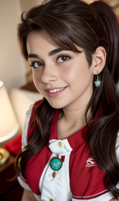 Photo of a 14 year-old american girl, .RAW, beautiful teenage girl, (Long brown hair with ponytail), light brown hair ponytail hairstyle((retrato)), ((Cara detallada:1.2)), ((Detailed facial features)), (Piel finamente detallada)  , (Masutepiece) (proporciones perfectaotos realistas)(La mejor calidad) (Detallado) fotografiado con una EOS R5 de Canon, Lente de 50 mm, f/2.8, NffSW, (8k) (papel tapiz) (cinematic lighting) (Dramatic lighting) (foco nítido) (Enrevesado) senos medianos , pechos medianos , muchas pecas en mejillas , pecas en pecho, cuerpo completo , hermoso cuerpo de muje adolesente,  lindo maquillaje , gran sonrisa  , mujer delgada escultural ,vestido de santa claus , ropa de navidad ,fondo variado , adornos de navidad , foto de cuerpo completo