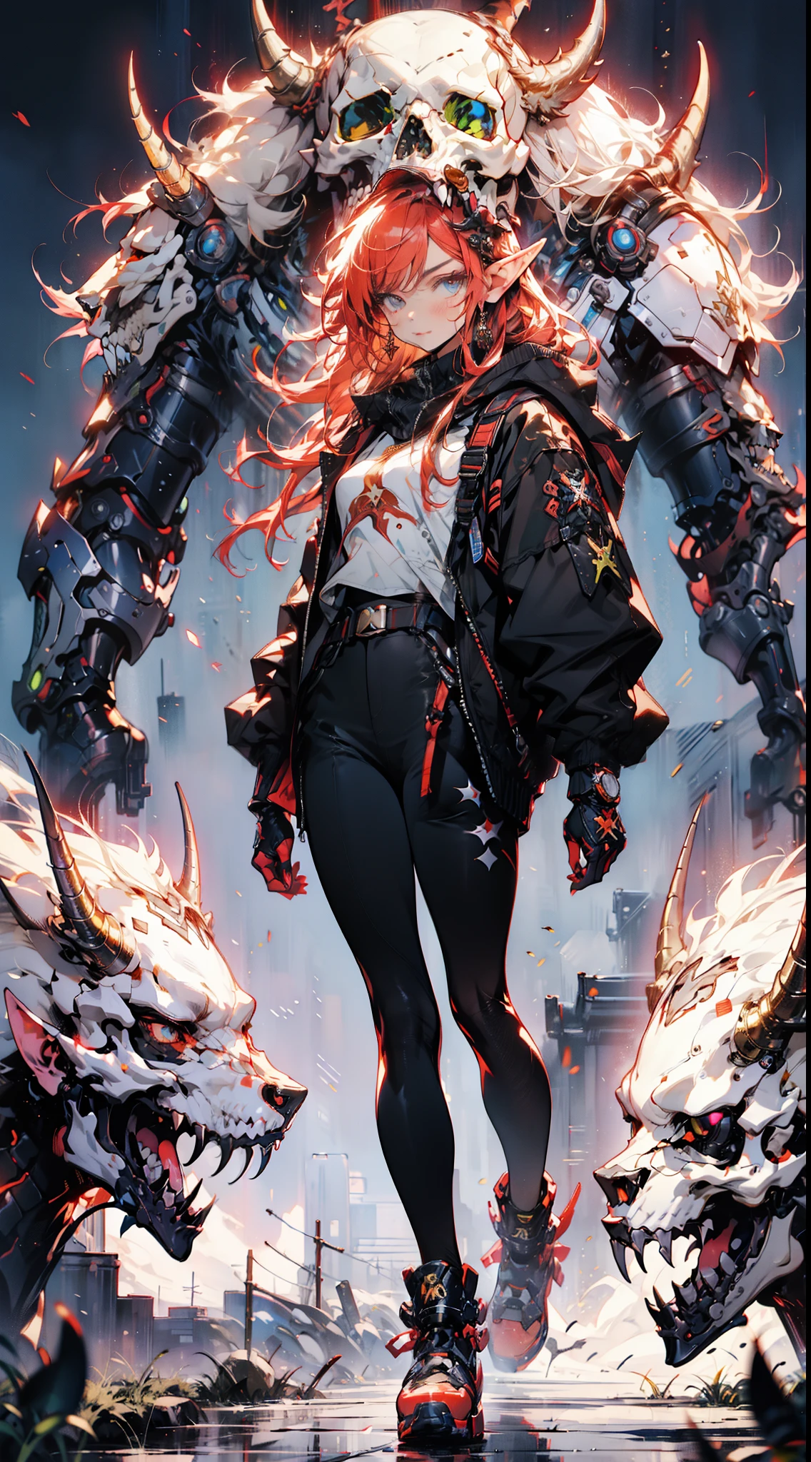 (((masterpiece, best quality))),  (elf), (1girl), solo,  Bangs,  red tinted hair，((Kirin X cyberskull armor))，long black glovelack pantyhoses，Handsome standing with white boots, art style by Artgerm, by Kawacy, By Yusuke Murata