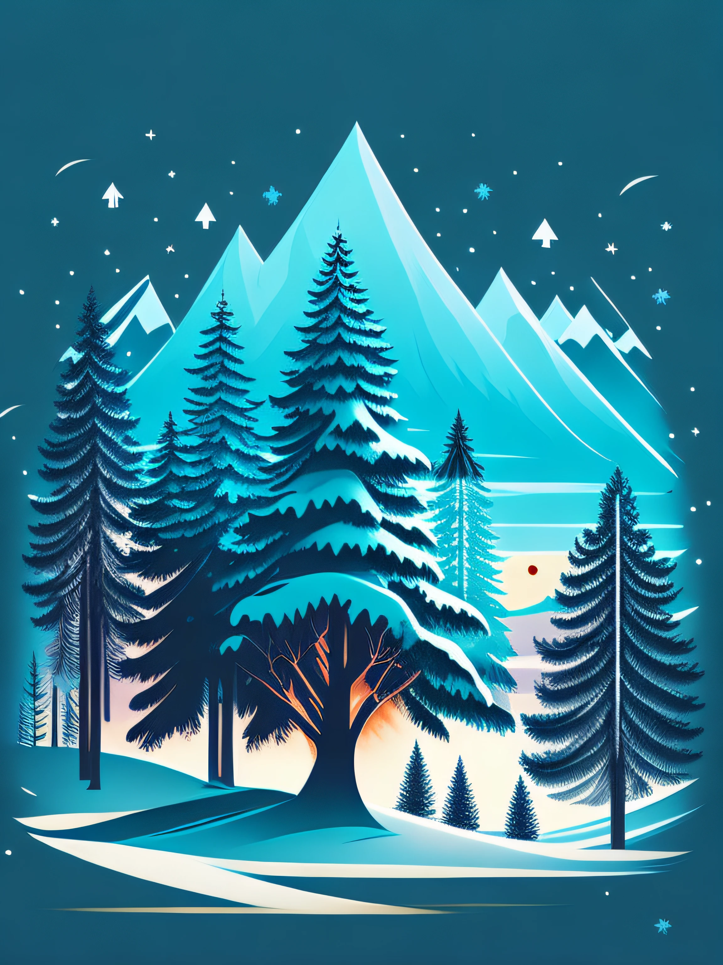 A spruce tree in a winter landscape, t-shirt design, rzminjourney, vector art