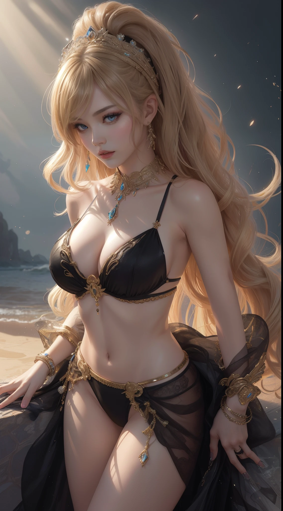 tmasterpiece,Highest image quality,Beautiful bust of noble exotic dance,Sophisticated black and blonde hairstyle,A dazzling array of elaborate jewelry,Exotic bikini dance wear,Ultra-detailed details,advanced。At the Pixiv Art Station,Break your own power,,The kinky is exposed,R-18G