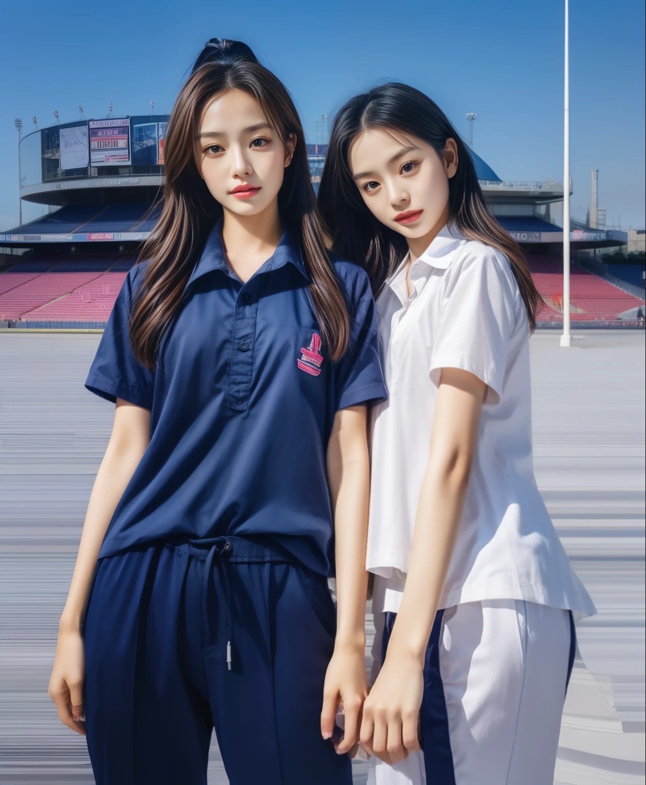 (bestquality,10,10,highres,masterpiece:1.2),ultra-detail,(Realistic,photorealistic portrait,photo-realistic:1.37),1 Cute girl in the football field,oily shiny skin,bara,light smile,BDclothelue shirt:1.3)),short sleeves,shirt, trousers.,(navy_long_Pants Track:1.1), ((Stadium Background:1.3)),dynamic angle,excited,face focus,Dynamic Poses,from behide,Ass Focus,masterpiece, bestquality, ultra realistic, hyper-detail, 8k resolution, RAW photo, crisp focus, ((Navy blue shirt:1.1)), short sleeves, Long Path, Perfect body, 2 mature women, 18yo, cinematic light,Blue sweatpants,Gymware,Correct anatomy,Complete body, Correct body, sharp face, Anatomically correct body, full entire body, Realistic gestures, long-haired, Realistic poses,Wear long shorts...................................,Long leg span,Shapely,Sculpting Girl, Slender Figure, mannequin mannequins, Shapely, Beautiful body,Blue sweatpants, Two girls kissing