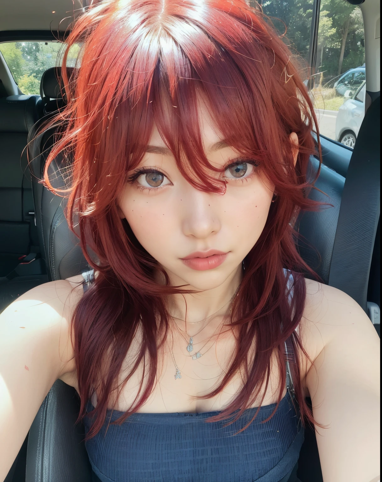 arafed woman with red hair sitting in a car, with red hair, red dyed hair, with curly red hair, red hair, she has red hair, with long red hair, dyed hair, reddish hair, with few fire red highlights, red colored, with brown hair, the hime cut, chiho, with pink hair, red head