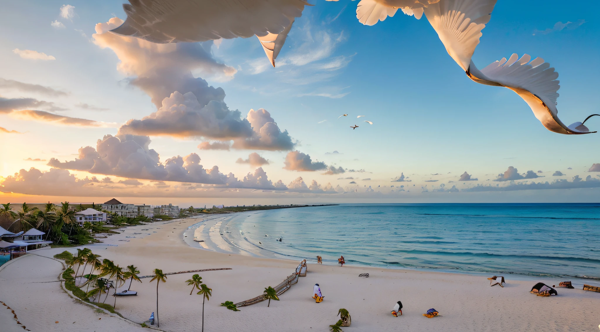 Compose an evocative visual scene inspired by a traveler's experience staying in a hotel room with a panoramic view of a mesmerizing coastal landscape. Envision the azure sea stretching into the horizon, white sandy beaches adorned with seashells, and a setting sun casting warm hues across the sky. Capture the tranquility of the moment, with palm trees swaying in the breeze, seabirds soaring overhead, and the sensory symphony of saltwater and tropical blooms in the air
