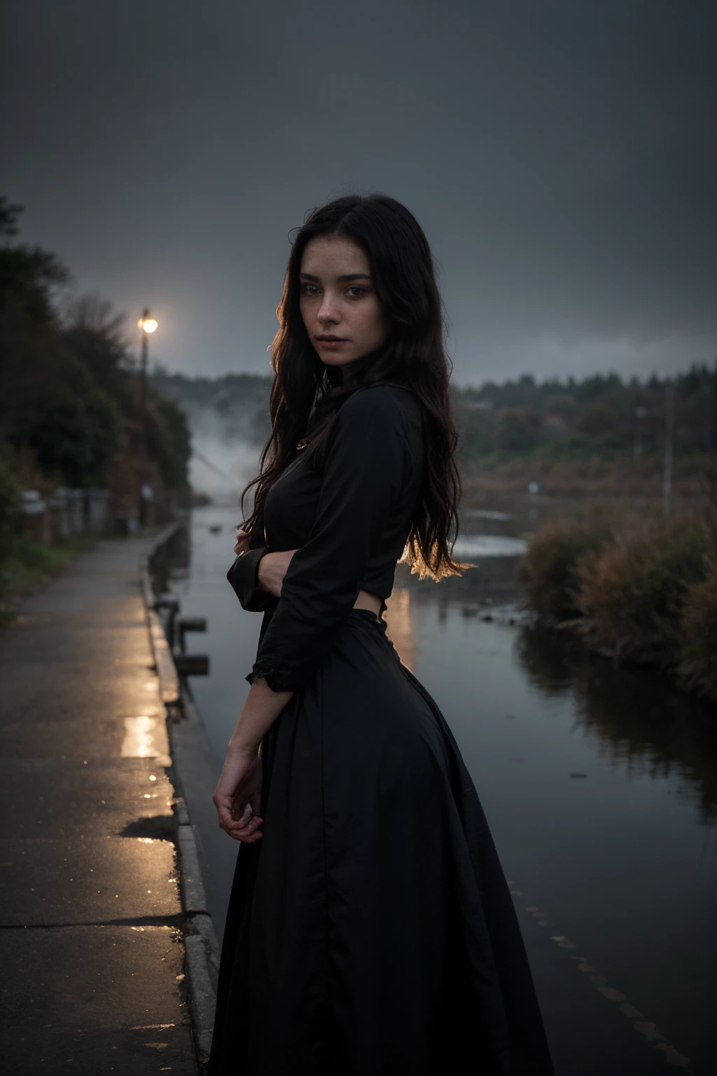 ((best quality)), ((masterpiece)), (detailed), perfect face, Create an anime drawing of a mysterious gothic female standing on a dark, misty bridge, her long dark hair flowing in the wind. Her dark dress, flowing gracefully around her, hints at her hidden beauty. Use a dark and mysterious background to enhance her enigmatic aura