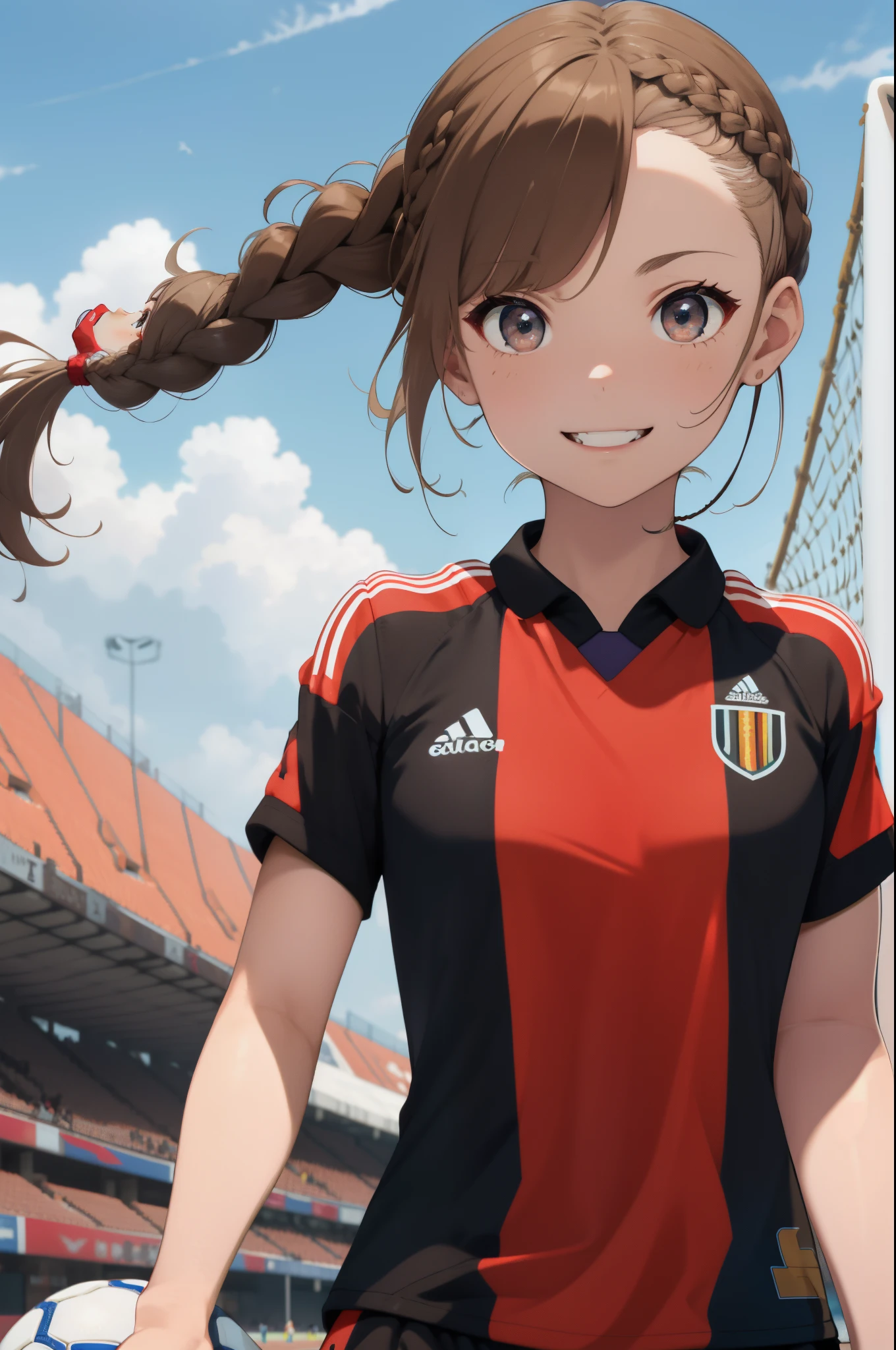 ((Pale brown hair)),((Braided shorthair)),((With black eyes)),Slight red tide,(Soccer Uniforms:1.5),outdoor soccer field,Happy smile,(red and white color uniform:1.05),(Clear blue sky:1.2),(Pleasant breeze:1.25),(active movement:1.2),