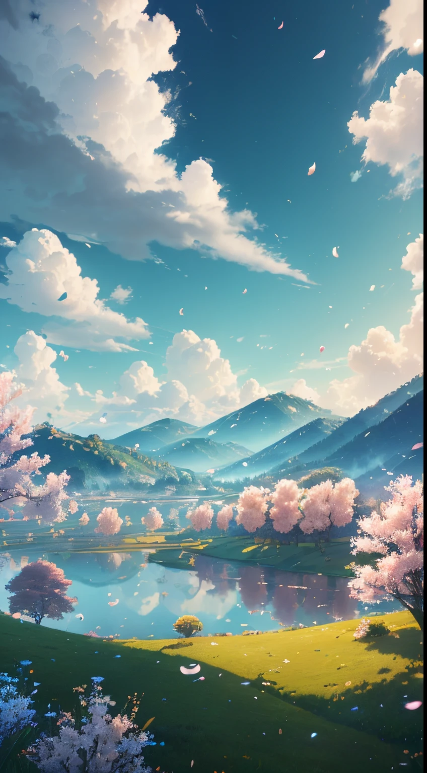 (the Extremely Detailed CG Unity 8K Wallpapers, masutepiece, Best Quality, Ultra-detailed), luminosity +1.5, floating, High color saturation, calm, peaceful grassland, Characterized by colorful petals and leaves, Clair, Blue sky, and white, Fluffy clouds.