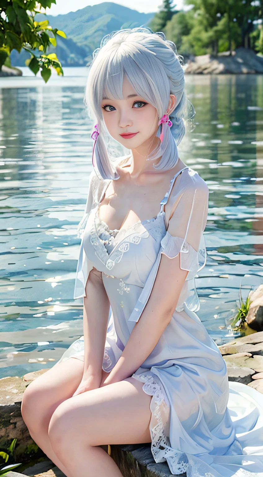 ayaka, Wet with, soaking, (Best quality at best,4K,8K,A high resolution,tmasterpiece:1.2),ultra - detailed,(actual,realistically,realistically:1.37), White hair, huge title blue eyes, White lace nightdress，in pink，moisture，Sitting on a stone by the lake，facing at the camera， water dripping, glistning skin，Covered in sweat，There is an unknown white liquid on the body，Happy smile