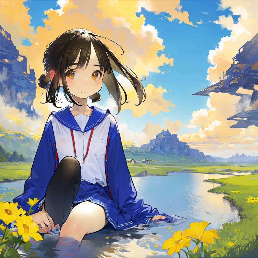 relaxing style, Warm atmosphere, masterpiece, best quality, ultra detailed beautiful face and eyes, girl with, Anime style, (A girl looking at the sky feeling refreshed by the pleasant wind and beautiful sky), springtime, sitting, A small bird is flying, suns, wildflowers, during a long journey, break, rivulets, small bridge, Relaxed smile