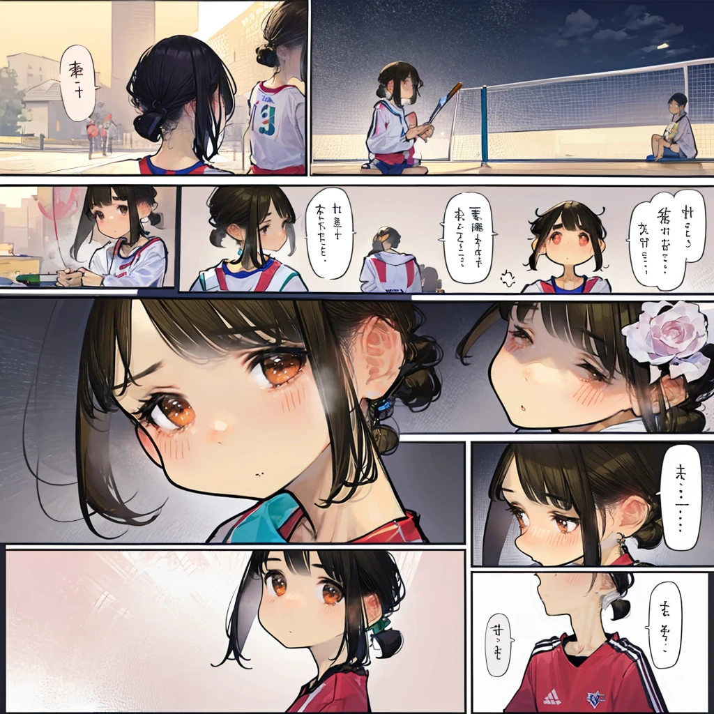 a close up of a comic strip with a volleyball player, volleyball, wearing a volleyball jersey, ecchi anime style, volley court background, mayuri shiina, serving body, hinata hyuga, fubuki, at pixiv, nagatoro, full color manga visual style, popular on pixiv, doujin, realistic!!, 8k!!