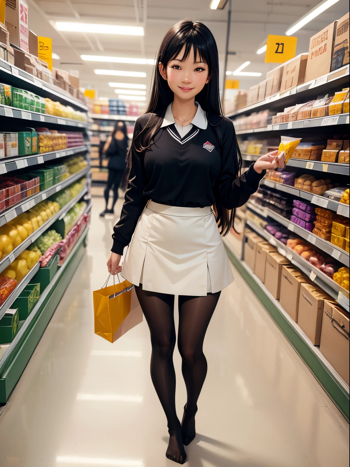 Show entire body, full body view, feet in view, Gorgeous Asian female, American school uniform, very short skirt, shiny black pantyhose, no shoes, cute smile, well-lit grocery store with neatly arranged aisles stocked with colorful produce, shelves filled with assorted goods, and overhead lights providing a bright, welcoming atmosphere. The lighting predominantly fluorescent, casting a clean and even brightness throughout the store, enhancing her legs