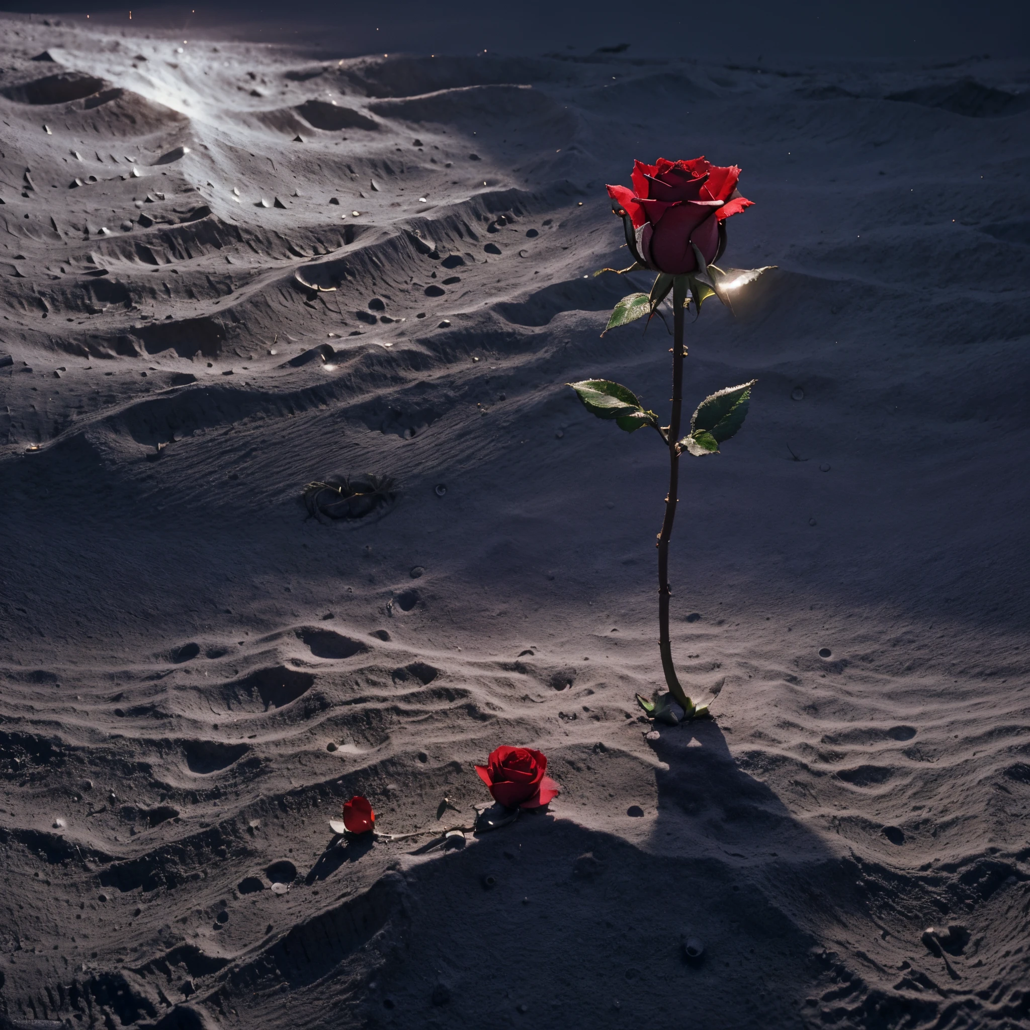 tmasterpiece,Best quality at best,extremly intricate,A red rose grows on the surface of the moon,Realistic light and shadow,full bloom,cinematic lighting, ray tracing, chiaroscuro, depth of field, macro photo