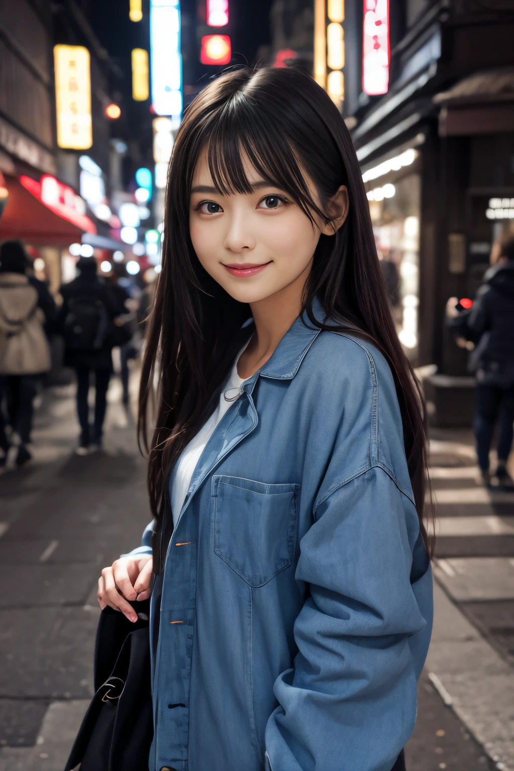 Beautiful Japanese girl walking down the street, Soft lighting glow effect in the style of the movie、A slight smil