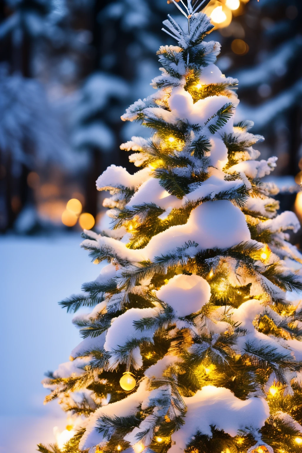 A close-up of a snow-covered Christmas tree decorated with ornaments., extreme close-up, shallow depth of field, telephoto shot, vibrant color grading, Deep Focus, snowfall everywhere