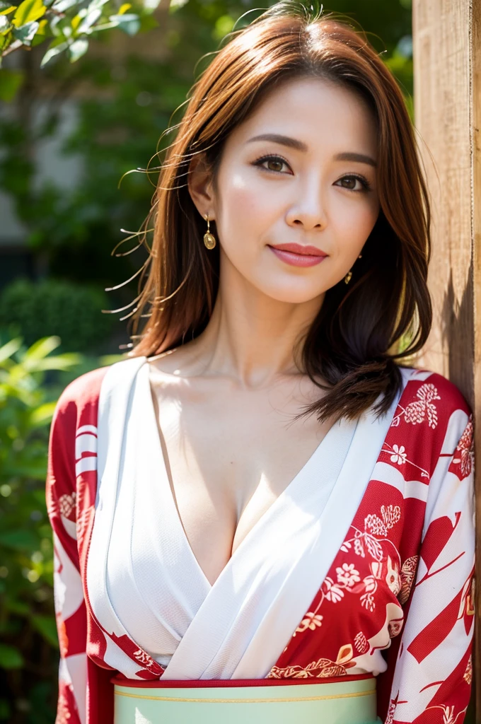 red kimono、Red fabric、40age、A MILF、nasolabial folds、