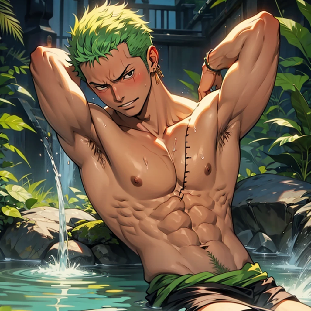 Roronoa Zoro, bathing, tong, hairy armpits, blushing, 