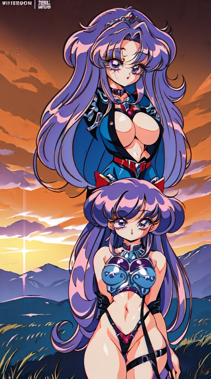 "(masterpiece:1.1), best quality,
1girl, (80s anime style:1.3), (eyelashes:1.5), (:1.2),
(intricate high detailed body:1.2),
(purple hair:1.1), (hair over one eye:1.1), (long hair, drill hair:1.2), (tiara:1.2),
purple eyes, (red lip stick:1.3),
(gigantic breasts:1.5),
(shy:1.2), (blush:1.1),
(silver embroidery bikini armor:1.2),
(knight armor, armored boots:1.2), (suspenders:1.1), (accessories:1.1), collar,
standing, peace sign,
(upper body, cowboy shot, looking at viewer, from front:1.1),
(daytime, grassland, outdoors:1.1)"