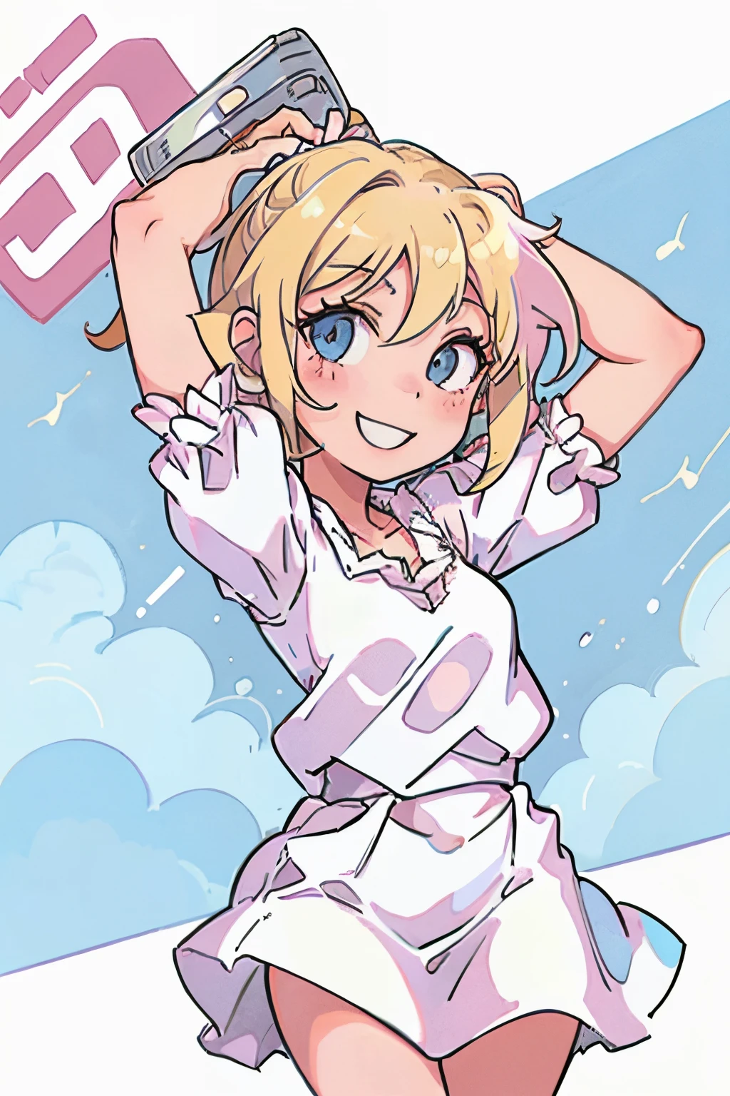 stylish girl, a blond, short-hair, a smile, Singing, 1990s anime