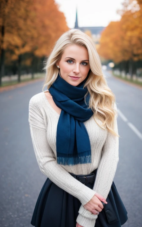 25 year old woman with blonde hair and blue eyes poses for photo, Beautiful blonde woman, Beautiful blonde girl, blond woman in a, Beautie, a photography of a beautiful woman, Smooth Portrait Shots 8K, portrait of a beautiful model, Smiling in full body model pose.face perfect, autumn clothes, scarf, sweater、cleavage of the breast、Show a glimpse、autumn background、In the street、Cathedral in the back、Film Lighting、Dramatic light