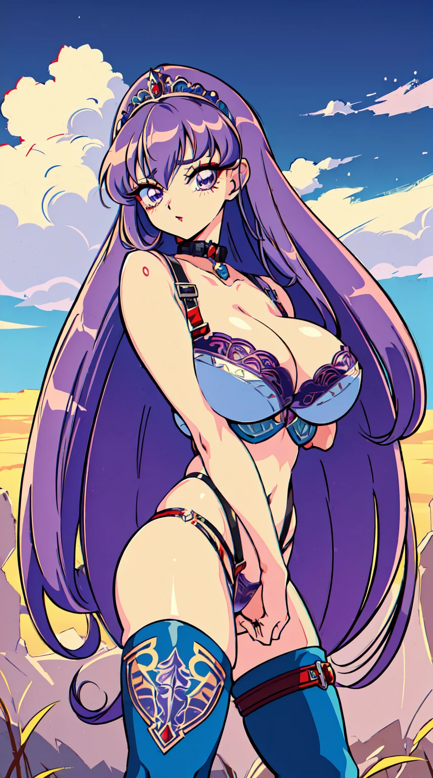 "(masterpiece:1.1), best quality,
1girl, (80s anime style:1.3), (eyelashes:1.5), (:1.2),
(intricate high detailed body:1.2),
(purple hair:1.1), (hair over one eye:1.1), (long hair, drill hair:1.2), (tiara:1.2),
purple eyes, (red lip stick:1.3),
(gigantic breasts:1.5),
(shy:1.2), (blush:1.1),
(silver embroidery bikini armor:1.2),
(knight armor, armored boots:1.2), (suspenders:1.1), (accessories:1.1), collar,
standing, peace sign,
(upper body, cowboy shot, looking at viewer, from front:1.1),
(daytime, grassland, outdoors:1.1)"