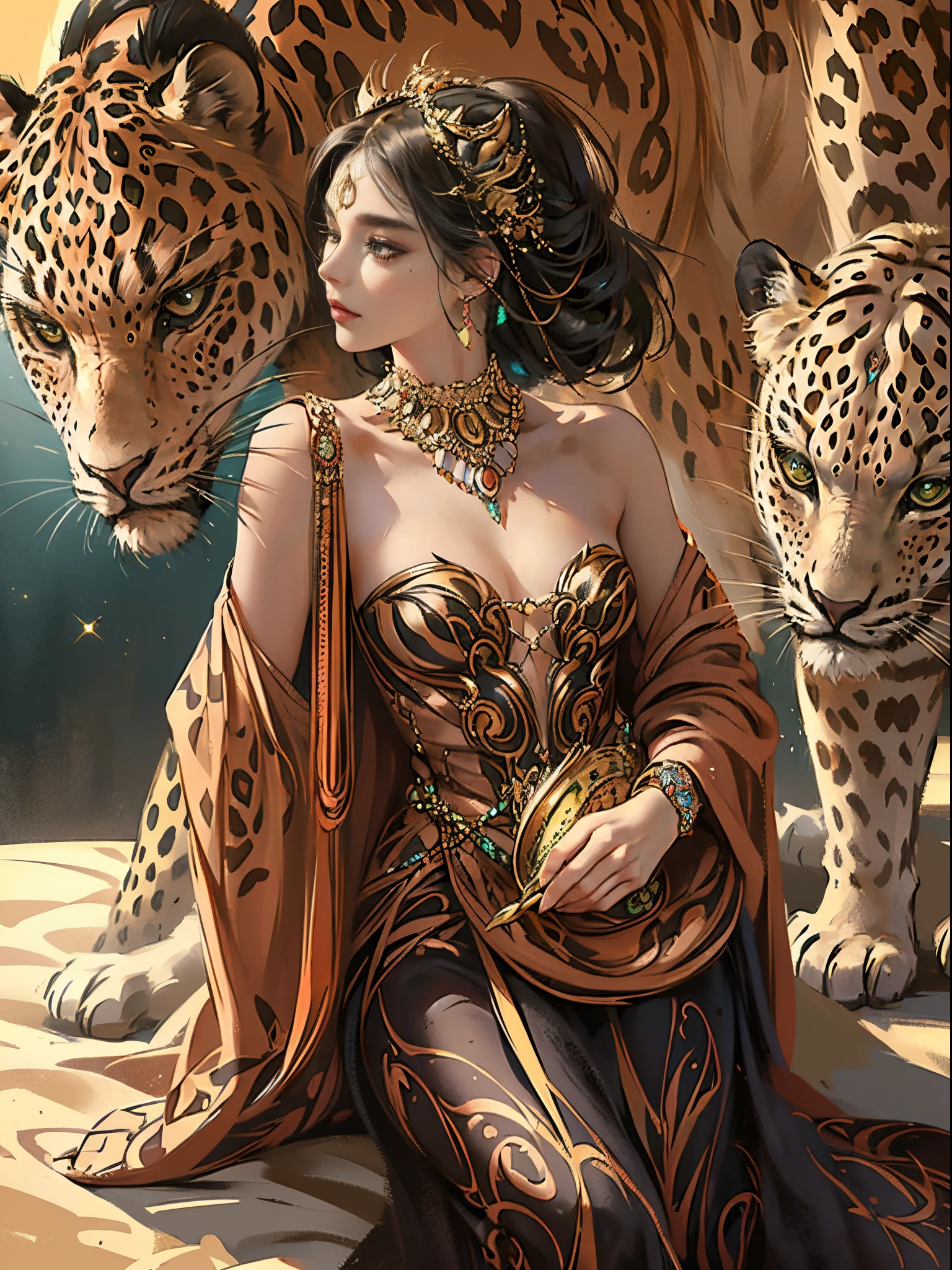 leopard motif、Vibrant colors、((​masterpiece)))、(((top-quality)))、((ultra-detailliert))、(A hyper-realistic)、(highly detailed CGillustration）、Official art、Land of Africa、Gorgeous、Elegance、supreme elegance、exoticism、Decadent、Brown-skinned、Black Beauty、bewitching、Finest beauties、Masquerade、sophisticated menegance、Gorgeous、Colorful and detailed mask design、matchless beauty、extremely detailed and beautiful eyes、Woman in her 30s、You fan、Sparkling Jewelry、female solo、Perfect Angle、perfect-composition、Well-formed contours、A leopard nearby