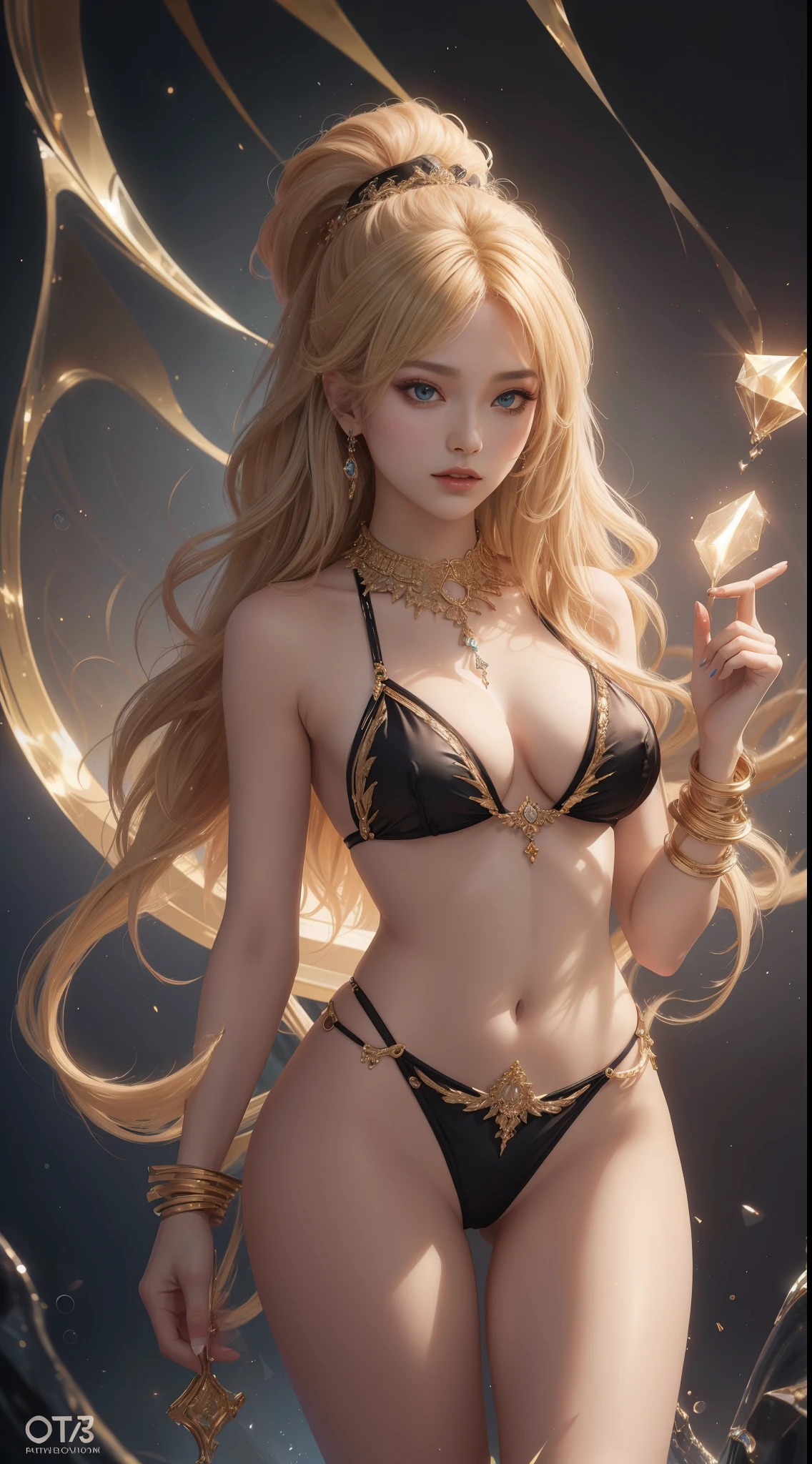 tmasterpiece,Highest image quality,Beautiful bust of noble exotic dance,Sophisticated black and blonde hairstyle,A dazzling array of exquisite jewelry,Exotic bikini dance wear,Ultra-detailed details,advanced。At the Pixiv Art Station,Break your own power,,Obscenity exposed,R-18G