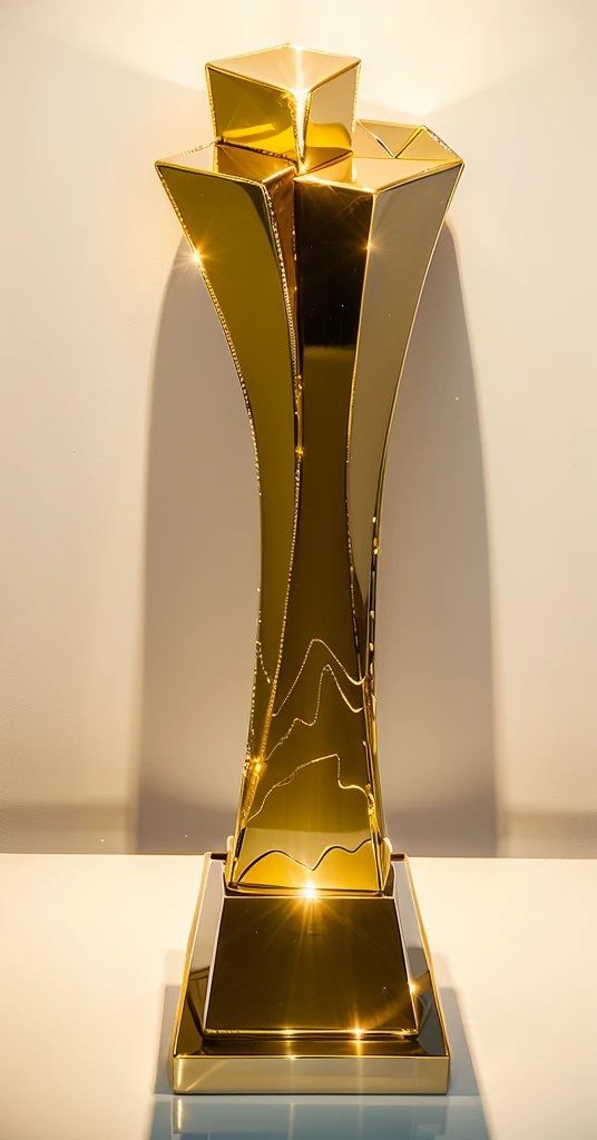 A polished golden trophy lies on a stone table, White cement wall in background, Side lighting, True reflection。shot from bird&#39;Eye view, Show the nobility and glory of the trophy。The composition is symmetrical、with clean lines, vibrant with colors。golden trophy sparkling, Presenting strong visual impact and heart-warming emotions。using a wide angle lens, The effect is remarkable, Enhanced the presence of trophies。