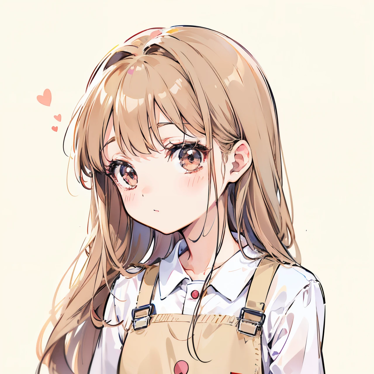 Anime girl with long hair and brown overalls posing for photo, Cute and natural anime face, Anime visuals of a cute girl, Cute Anime Girls, yuruyuri, kawaii realistic portrait, anime rapunzel girl, cute anime face, Very cute anime girl face, a hologram,Black eyes