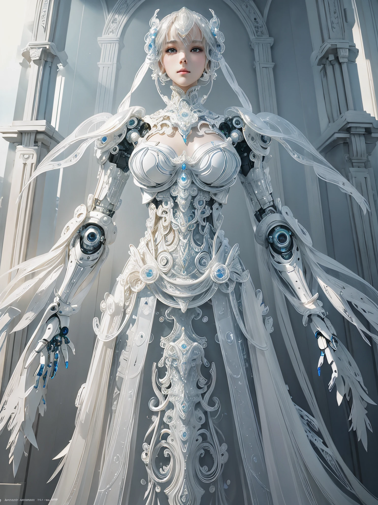 Organic robots, white plastic, diffuselighting, fanciful, iintricate, Elegant, The is very detailed, Artwork by Yoshitaka Amano