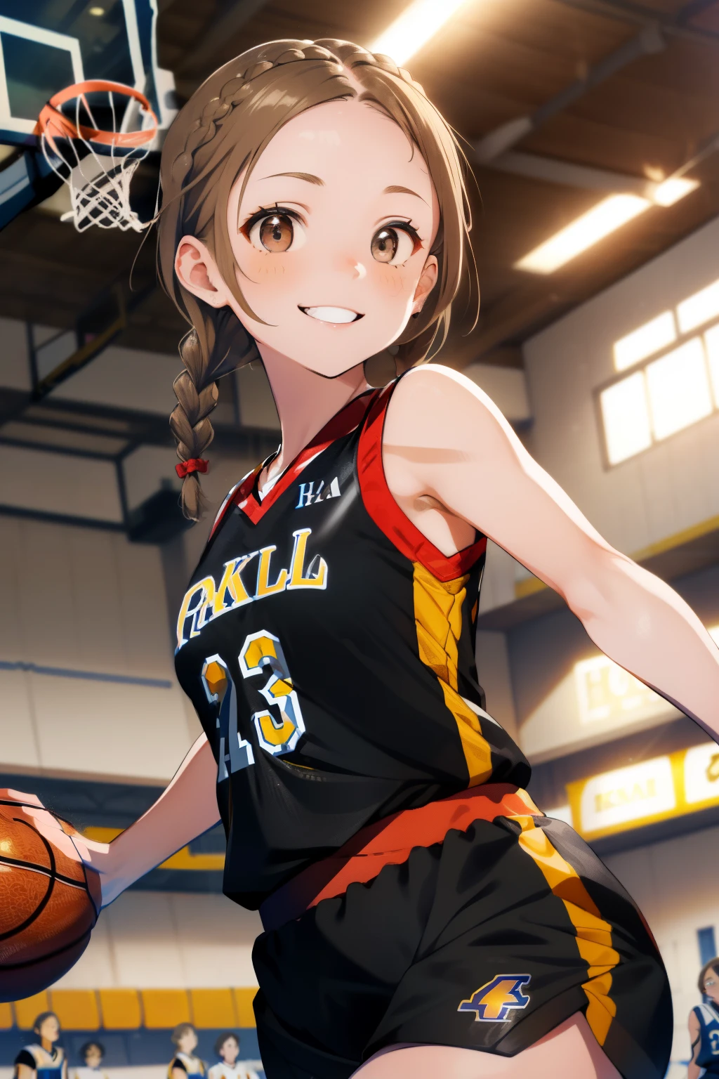 highest quality、Nice sexy body、One Woman、solo、((Beautiful busty woman:1.4))、((Brown haired woman:1.3))、((Woman with ponytail))、long hair woman、Cheerleader、(((A woman wearing an orange and black short top with a logo:1.3)))、Woman exposing her belly、(((A woman wearing an orange miniskirt:1.3)))、(((Woman wearing orange panties)))、baseball Ground、Audience、Ground、A big smile、((Groundで踊っている女性))